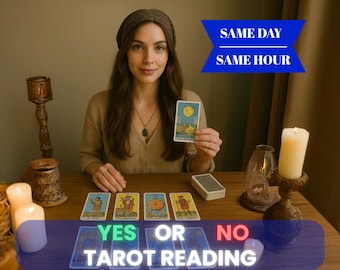 May include: A woman holding a tarot card, with other cards laid out on a wooden table. The text "YES OR NO TAROT READING" is displayed below the cards. The image also includes the text "SAME DAY SAME HOUR".