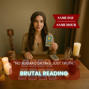 May include: A woman holding a tarot card with a yellow sun design. The image includes the text "SAME DAY SAME HOUR" and "NO SUGARCOATING, JUST TRUTH." and "BRUTAL READING."