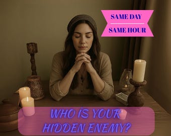 Puede incluir: Una mujer con las manos juntas en oración está sentada en una mesa de madera. La imagen incluye velas encendidas, un candelabro decorativo y el texto "WHO IS YOUR HIDDEN ENEMY?" y "SAME DAY SAME HOUR".