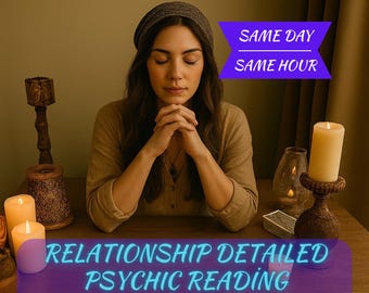 May include: A woman with closed eyes, wearing a head covering, sits at a wooden table. The image includes lit candles, a glass lantern, and text that reads "SAME DAY SAME HOUR" and "RELATIONSHIP DETAILED PSYCHIC READING". The text also mentions clarity on love, thoughts, and feelings.