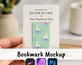 Mockup di segnalibro magnetico / Cartoncino espositivo per segnalibro / Segnalibro tenuto da una mano / Segnalibro vuoto / Mockup fotografico per Procreate e Photoshop Affinity
