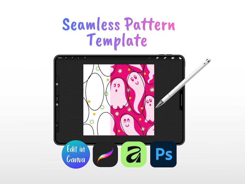 May include: A digital tablet displaying a seamless pattern template featuring white and pink ghost illustrations on a bright pink background, accompanied by a stylus and icons for Canva, Procreate, Affinity Designer, and Adobe Photoshop software.