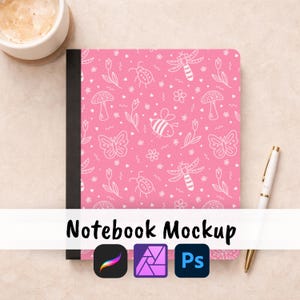 May include: A pink notebook with a white insect and floral pattern. The notebook is open, revealing a black spine. A white pen and a cup of coffee sit nearby. The text "Notebook Mockup" is displayed at the bottom, along with three app icons.