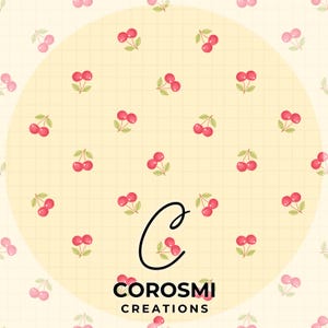 Diseño sin costuras de cerezas jugosas sobre fondo crema. Papel digital multidireccional. Diseño para superficies de vinilo y tela. 300 ppp. 12x12 pulgadas.