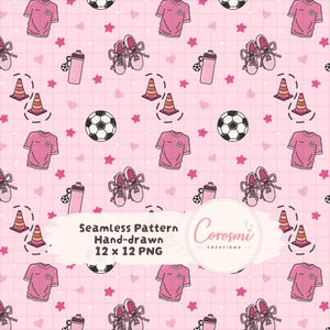 May include: Seamless pattern featuring hand-drawn illustrations of soccer balls, pink jerseys, water bottles, running shoes, and traffic cones on a pink grid background. The pattern includes hearts and stars. The text reads "Seamless Pattern Hand-drawn 12 x 12 PNG".