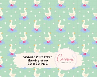 Motivo senza cuciture "Silly Goose" PNG / Stampa su tessuto con animali da fattoria in stile cottagecore / Design con schizzi di pozzanghere di oche carine / Carta digitale per uso commerciale