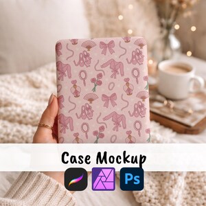 May include: A pink phone case featuring a repeating pattern of ballet-themed illustrations, including ballet shoes, bows, and robes. The words "Case Mockup" are displayed below the case, along with the logos for Procreate, Affinity Photo, and Photoshop.