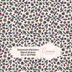 以下が含まれることがあります： 手描きのシームレスパターン。白い背景に、カラフルな花、ミツバチ、蝶、テントウムシ、トンボが描かれています。パターンには「Seamless Pattern Hand-drawn 12 x 12 PNG」というテキストが含まれています。