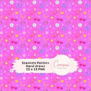 May include: A seamless pattern on a bright pink background featuring hand-drawn illustrations of flip phones, butterflies, heart-shaped sunglasses, CDs, lollipops, and stars. A white label displays the text Seamless Pattern Hand-drawn 12 x 12 PNG Corosmi Creations.