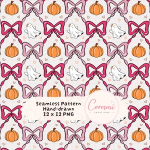 May include: A hand-drawn seamless pattern with orange pumpkins, pink bows, white ghosts, and hearts on a light background. The design includes the text "Seamless Pattern Hand-drawn 12 x 12 PNG" and the brand name "Corosmi Creations".