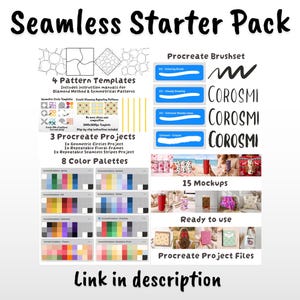 May include: A digital design resource titled Seamless Starter Pack featuring 4 pattern templates, 3 Procreate projects, 8 color palettes, a Procreate brushset, 15 mockups, and project files. The layout includes text, icons, and sample images.