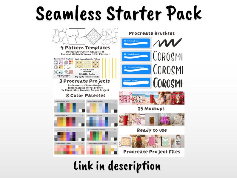 May include: A digital design resource titled Seamless Starter Pack featuring 4 pattern templates, 3 Procreate projects, 8 color palettes, a Procreate brushset, 15 mockups, and project files. The layout includes text, icons, and sample images.