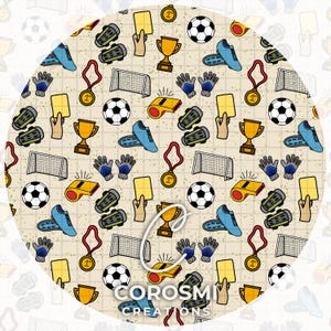 May include: A circular pattern featuring soccer-themed illustrations. The design includes soccer balls, cleats, gloves, whistles, trophies, medals, and yellow cards. The text "COROSMI CREATIONS" is visible at the bottom. The background is a light beige color.