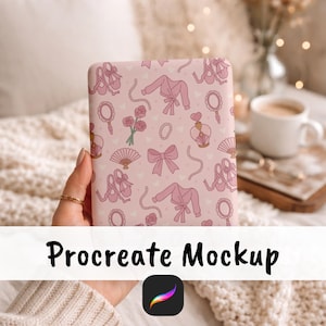 May include: A pink tablet case with a repeating pattern of ballet-themed illustrations, including ballet shoes, bows, and robes. The text "Procreate Mockup" is displayed at the bottom, along with the Procreate app logo.