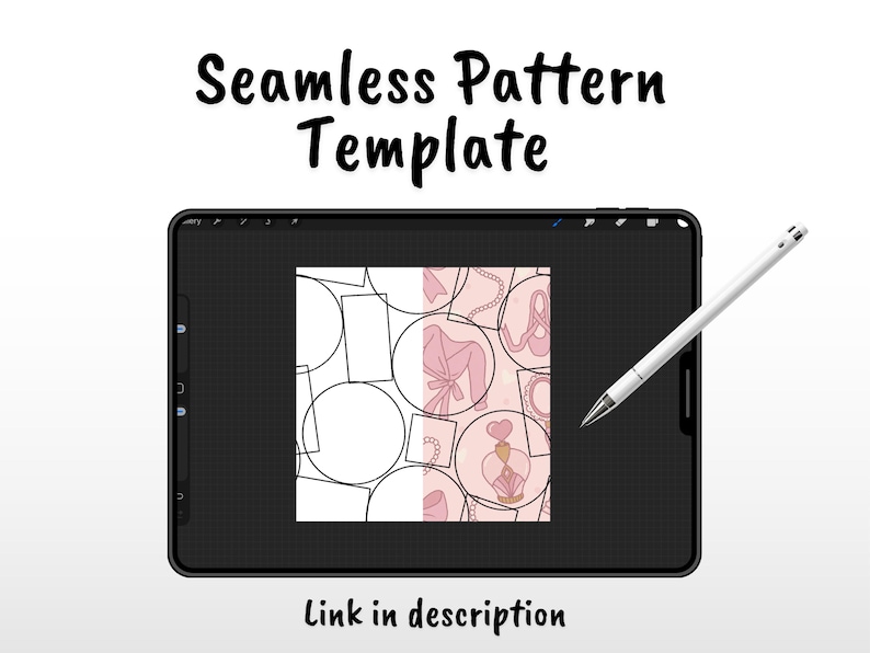 Op de afbeelding: Een zwarte tablet toont een naadloze patroonsjabloon met een roze en wit ontwerp. De tekst "Seamless Pattern Template" staat bovenaan en "Link in description" onderaan. Een witte stylus ligt op de tablet.