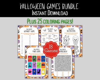 Peut inclure: Un ensemble de jeux d'Halloween à télécharger instantanément, comprenant 18 jeux et 25 pages à colorier. L'image présente diverses feuilles de jeu, dont un jeu d'alphabet, des blagues, des décorations, un jeu de paires et une recherche de mots, sur le thème d'Halloween.