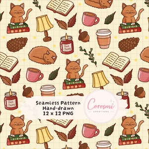 May include: A seamless pattern featuring hand-drawn illustrations of orange cats sitting on books, yellow lamps, pink mugs, coffee cups, acorns, pinecones, leaves, and candles labelled Dark Cherry on a grid background with the text Corosmi Creations.