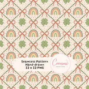 May include: A seamless, hand-drawn pattern featuring rainbows, bows, and four-leaf clovers in pastel colors. The design includes a repeating pattern of rainbows, bows, and clovers on a cream background. The text "Seamless Pattern Hand-drawn 12 x 12 PNG" is also included.