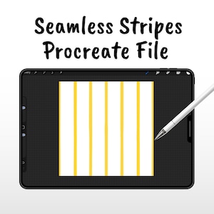 May include: A digital tablet displaying a seamless pattern of vertical yellow and white stripes on its screen, accompanied by a stylus. The text "Seamless Stripes Procreate File" is positioned above the tablet in a black, rounded font.