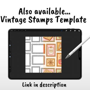 May include: A digital tablet displaying a split-screen graphic of a vintage stamps template. The left side shows black and white stamp outlines, while the right side features colored illustrations of candles, books, and spiderwebs. A stylus is present.