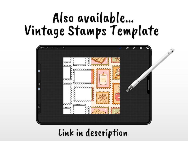 May include: A digital tablet displaying a split-screen graphic of a vintage stamps template. The left side shows black and white stamp outlines, while the right side features colored illustrations of candles, books, and spiderwebs. A stylus is present.