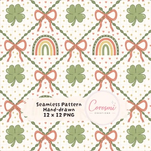 May include: A repeating seamless pattern with bows, shamrocks, and rainbows on a cream background. The design features coral bows, green shamrocks, and rainbows. The text "Seamless Pattern Hand-drawn 12 x 12 PNG" is also included in the image.