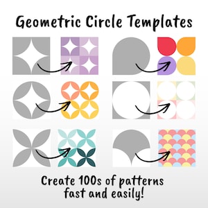 May include: An image with the text "Geometric Circle Templates" and the phrase "Create 100s of patterns fast and easily!" Various geometric circle patterns are displayed in different colors, including gray, purple, orange, and blue.