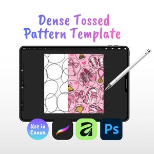 Op de afbeelding: Een digitale tablet met een Dense Tossed Pattern Template en een stylus. Het scherm toont een gesplitst ontwerp: de ene kant bevat zwarte omtrekken van cirkels, terwijl de andere kant een roze achtergrond toont met iconen van strikken, sneakers, rugzakken en trofeeën.