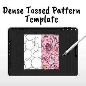 Op de afbeelding: Een zwarte tablet toont een "Dense Tossed Pattern Template" met een witte stylus. De sjabloon toont een patroon met witte cirkels en een roze gedeelte met hardloop-thema illustraties, waaronder schoenen, medailles en strikken.