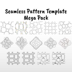 Può includere: Una collezione grafica digitale intitolata Seamless Pattern Template Mega Pack, che presenta quattordici distinti disegni al tratto in bianco e nero. I motivi includono varie forme geometriche, cerchi, ovali e cornici rettangolari in layout ripetuti.