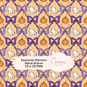Op de afbeelding: Een naadloos digitaal patroon met een raster van paarse strikken, oranje pompoenen en witte spookjes met kleine strikjes op hun hoofd, op een lichtoranje achtergrond met kleine hartjes en de tekst Seamless Pattern Hand-drawn 12 x 12 PNG Corosmi Creations.