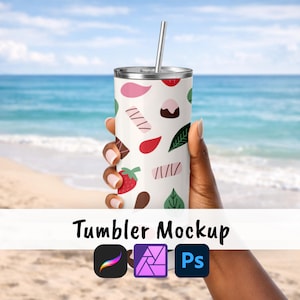 May include: A white tumbler with a silver lid and straw, featuring a pattern of strawberries, leaves, and abstract shapes in pink, red, and brown. The tumbler is held against a beach backdrop with the text "Tumbler Mockup" and app icons.
