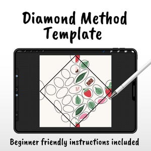 Op de afbeelding: Een zwarte tablet toont een "Diamond Method Template" met beginnersvriendelijke instructies. De sjabloon heeft een ruitvormig ontwerp met ovale vormen en illustraties van aardbeien, bladeren en chocolade. Een witte stylus wijst naar de sjabloon.