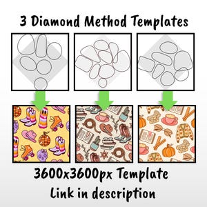 May include: Three square graphic design templates labeled 3 Diamond Method Templates, each containing black line art shapes and a corresponding colorful pattern square below. The patterns feature illustrations of boots, skates, books, and coffee.