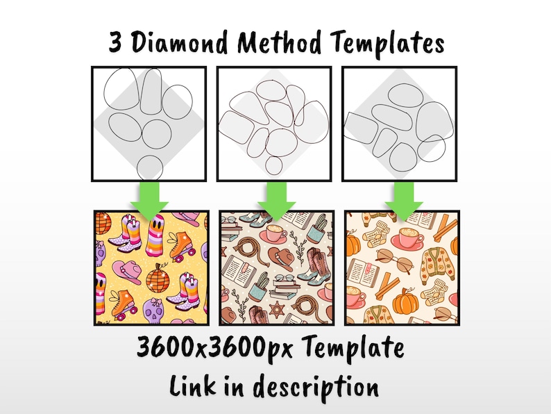 May include: Three square graphic design templates labeled 3 Diamond Method Templates, each containing black line art shapes and a corresponding colorful pattern square below. The patterns feature illustrations of boots, skates, books, and coffee.