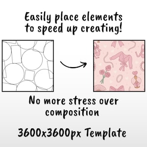 Peut inclure: Un mod&egrave;le num&eacute;rique avec le texte "Easily place elements to speed up creating!" et "No more stress over composition". Le mod&egrave;le est de 3600x3600px. L'image montre une transformation de formes g&eacute;om&eacute;triques &agrave; un motif rose.