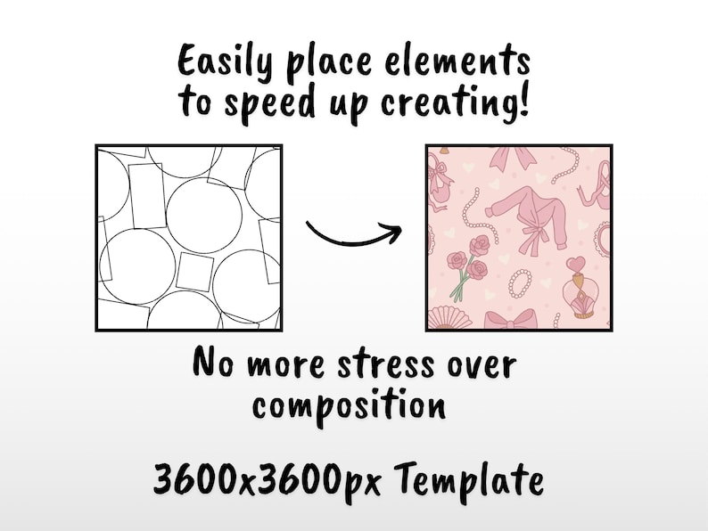Peut inclure: Un mod&egrave;le num&eacute;rique avec le texte "Easily place elements to speed up creating!" et "No more stress over composition". Le mod&egrave;le est de 3600x3600px. L'image montre une transformation de formes g&eacute;om&eacute;triques &agrave; un motif rose.