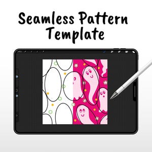 May include: A digital tablet displaying a seamless pattern template with the text Seamless Pattern Template. The screen shows a split design featuring white ovals on the left and pink ghosts on a magenta background on the right, with a stylus.