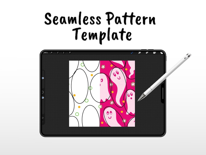 May include: A digital tablet displaying a seamless pattern template with the text Seamless Pattern Template. The screen shows a split design featuring white ovals on the left and pink ghosts on a magenta background on the right, with a stylus.