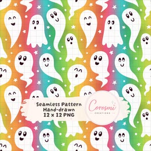 Könnte beinhalten: Ein nahtloses Muster mit weißen Cartoon-Geistern mit verschiedenen Gesichtsausdrücken auf einem regenbogenfarbenen Hintergrund mit Raster, kleinen weißen Sternen und Punkten. Der Text lautet: Seamless Pattern Hand-drawn 12 x 12 PNG Corosmi.