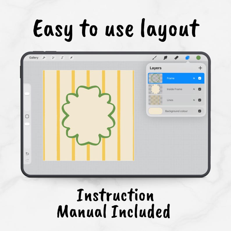Op de afbeelding: Een digitale tablet toont een ontwerp met een bloemvormig frame en verticale strepen. De tekst "Easy to use layout" en "Instruction Manual Included" zijn zichtbaar. De tablet-interface toont laagopties.