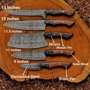 May include: An assortment of Damascus steel knives with rosewood handles, brass pins, and Micarta accents. The blades range from 9 to 13 inches in length, displayed on a wooden surface. The knives are a mix of styles, including a cleaver.