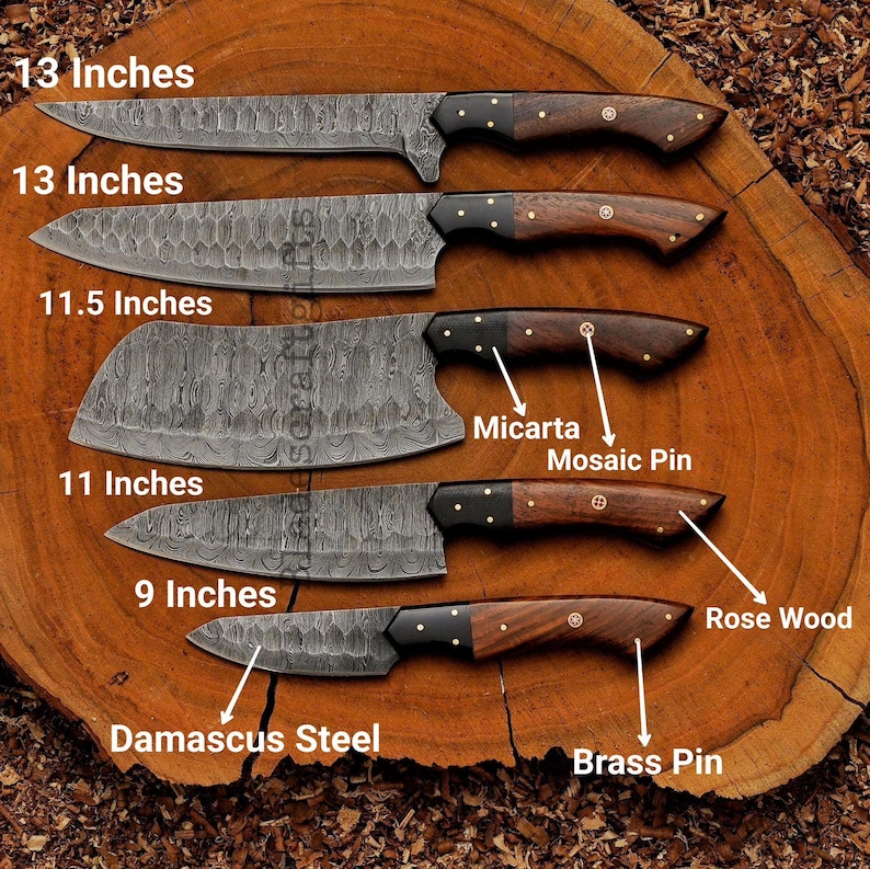 May include: An assortment of Damascus steel knives with rosewood handles, brass pins, and Micarta accents. The blades range from 9 to 13 inches in length, displayed on a wooden surface. The knives are a mix of styles, including a cleaver.