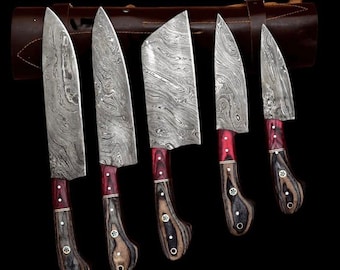 Damascus Steel Kitchen Knife Set – Handmade Chef Knives, Perfect Gift for Him