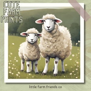 Watercolor Ewe and Lamb Art Print, Sheep in Meadow, Farm Animal Decor, Kids Room, Nursery Wall Art, Eco-Friendly Farmhouse Art Print