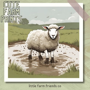 Adorable Sheep Art Print, Watercolor Sheep in Puddle Print, Cute Sheep Art, Nursery Wall Art, Kids Room Decor,Farm Animal Print,Playroom Art