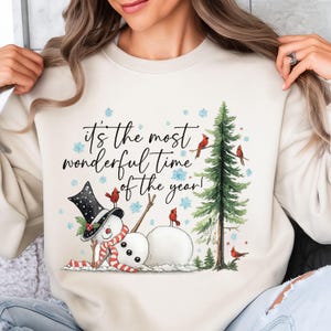 May include: Cream-colored sweatshirt featuring a winter scene with a snowman wearing a top hat and scarf, a Christmas tree, and red cardinals. The text "It's the most wonderful time of the year!" is written in black script.