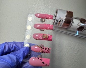 Pink Press On Nails Long Square Animal Print, Rhinestone, Gold Charm, 3D Floral Design Luxury Handmade Nail Set