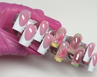 French tip | pink 3d flower|  Square long | Press On Nails, Luxury Handmade Acrylic Nail Set.