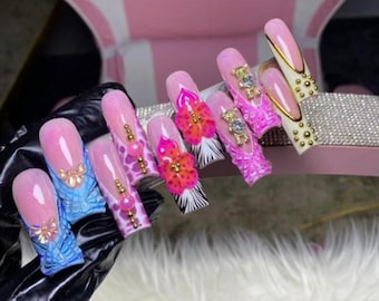 Floral Square Press On Nails, Luxury Handmade Acrylic Nail Set